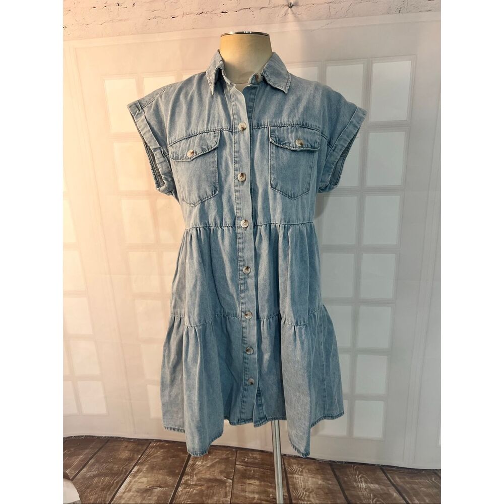Savanna Jane NWT Blue Collared Button Front Tiered Denim Babydoll Dress Small